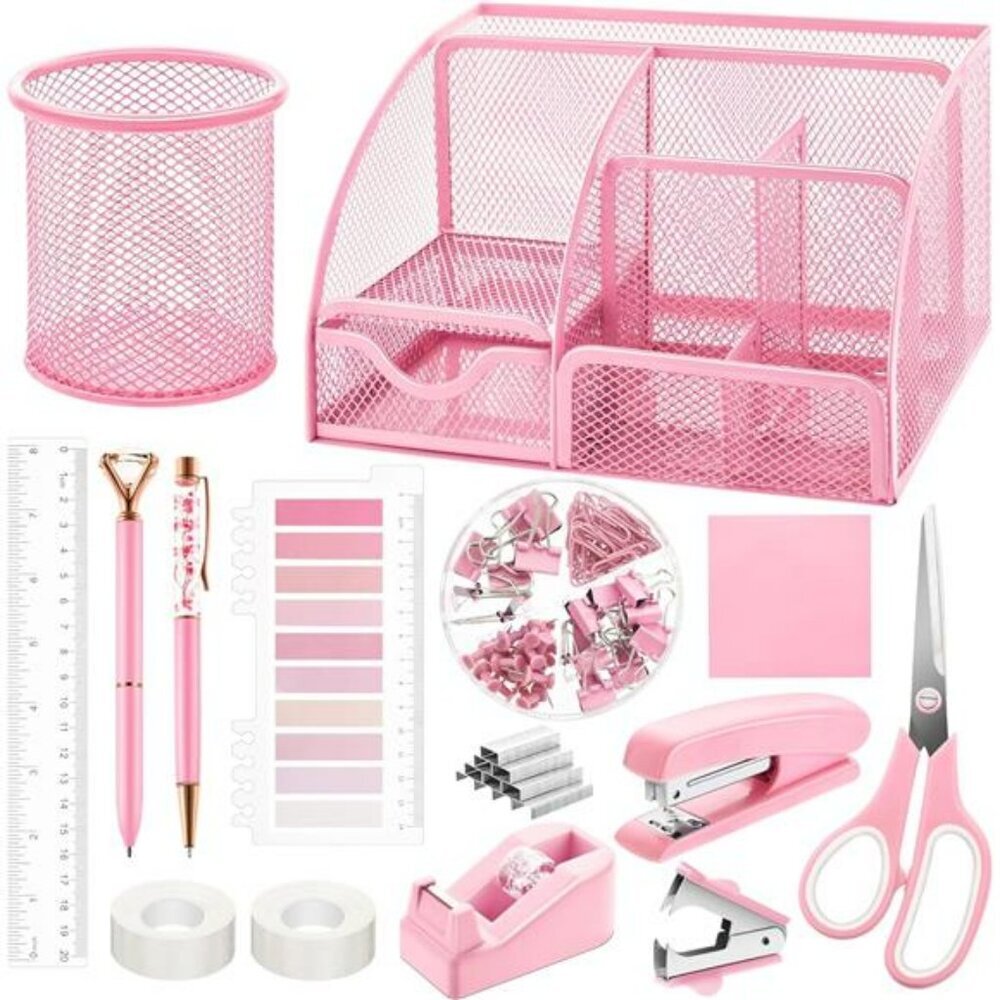Pink office supplies set desk organizer stapler tape dispenser clips scissors